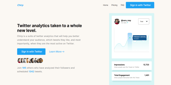 Chirp landing page for a social media analytics product