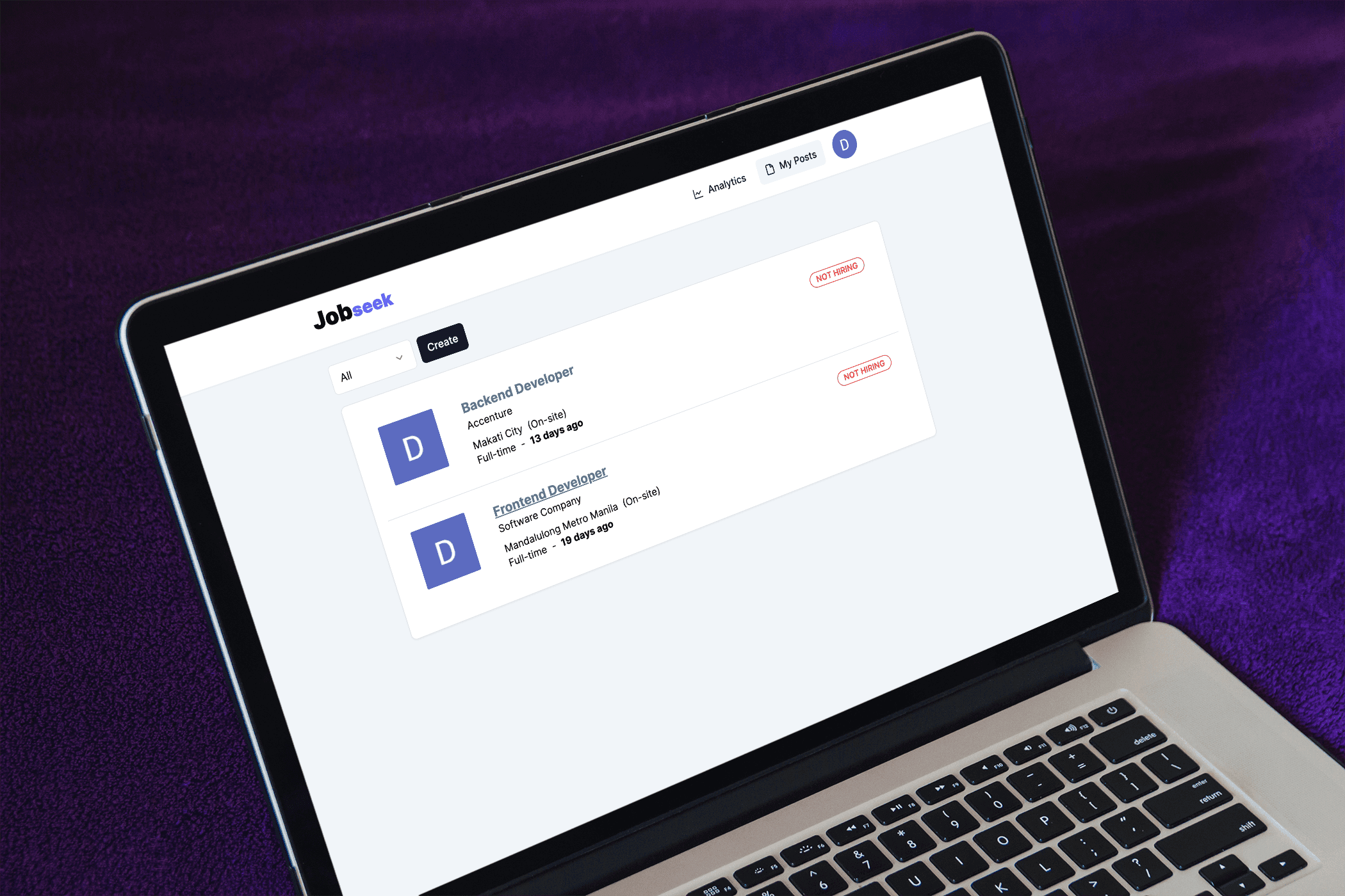 Jobseek application showing job listings and job search tools